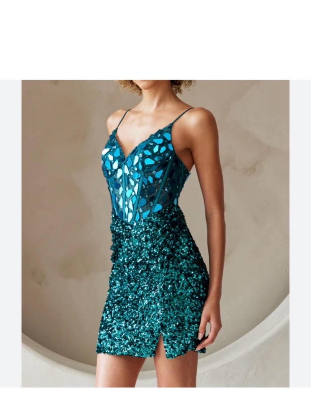 Teal Mirror-Embellished Sequin Mini Dress